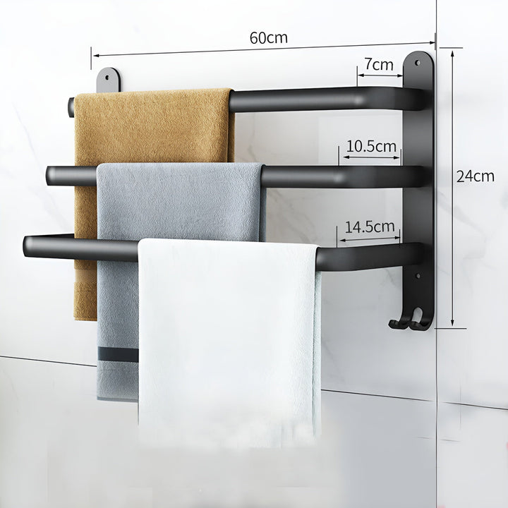 Skanto | HangEase 3-lags håndkleholder – svart veggmontert aluminiumsstativ uten boring
