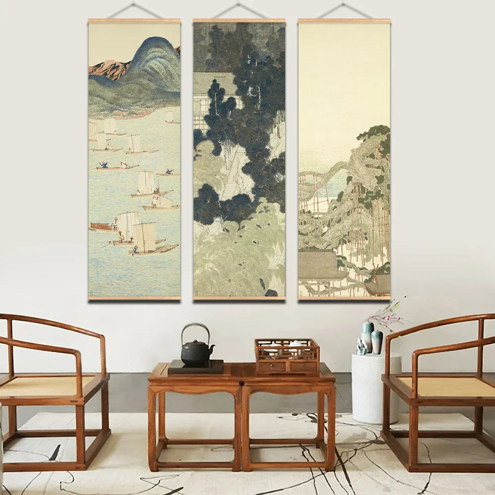 Skanto | Japansk Ou-Mi Ukiyoe Rulleskrifts Plakat Landskaps Veggkunst Bilder Stue Vintage Maleri Landhus Innredning