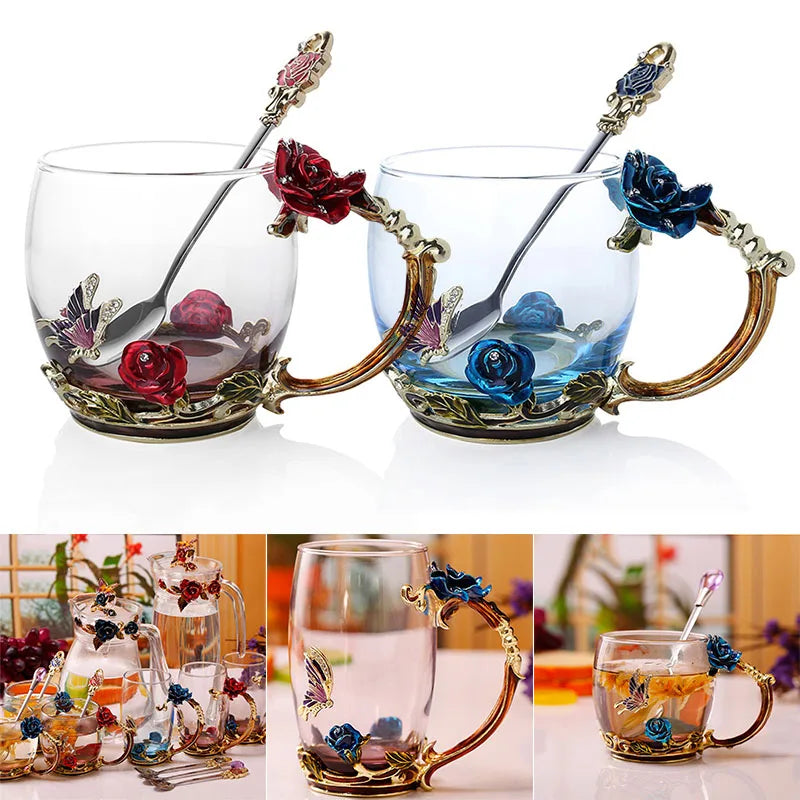 Skanto | Håndlagde emaljekopper Rose-Glass tekrus med stålskje Luksus unike gaver til bryllup, Valentinsdag, bursdagsgaver