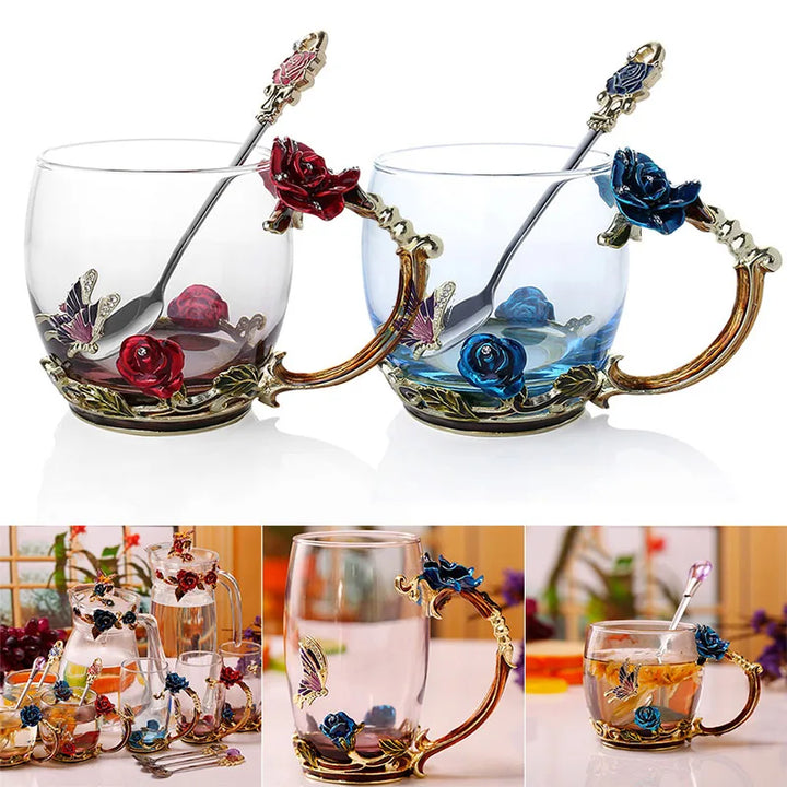 Skanto | Håndlagde emaljekopper Rose-Glass tekrus med stålskje Luksus unike gaver til bryllup, Valentinsdag, bursdagsgaver