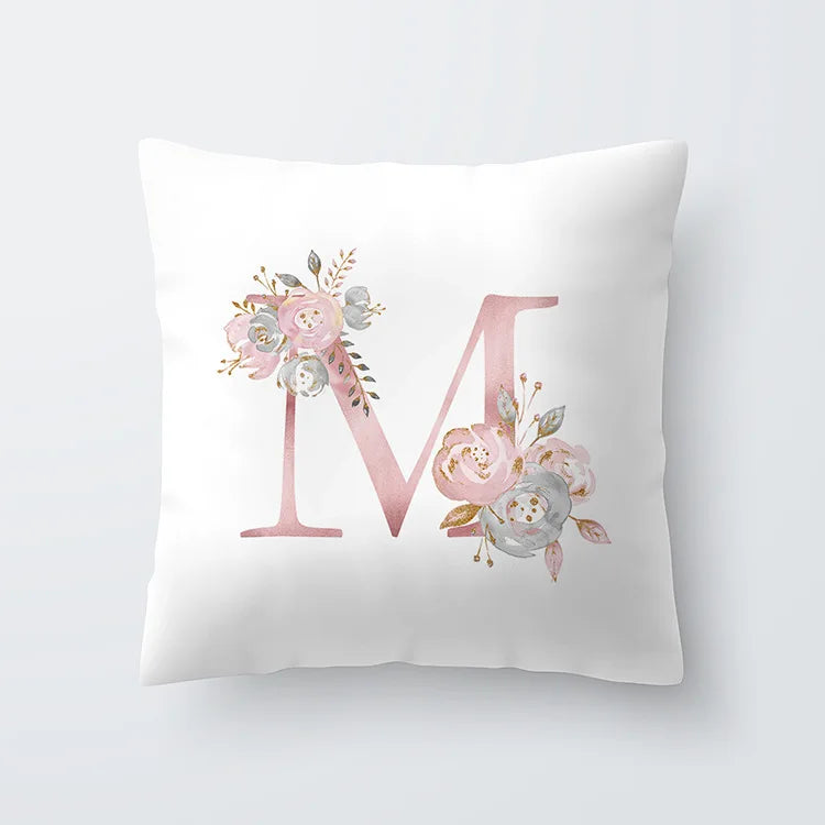 Pink Golden Floral Letter Pillowcase 45x45cm Pillow Cover for Living Room Sofa Throw Pillow Polyester Cotton Square Pillowcase | Skanto