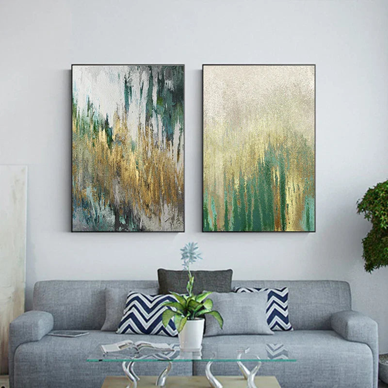 Green Beige Golden Abstract Wall Art Canvas Prints Pictures For Modern Apartment Living Room Dining Room Art Decor | Skanto