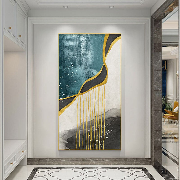 Abstract Golden Rain Vertical Format Wall Art Fine Art Canvas Print Pictures For Entrance Hall Reception Living Room Art Decor | Skanto