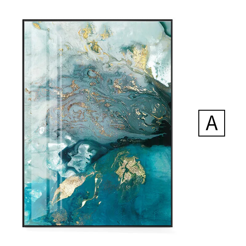 Abstract Aqua Blue Green Jade Golden Fluid Marble Print Wall Art Fine Art Canvas Prints Pictures For Luxury Living Room Art Decor | Skanto