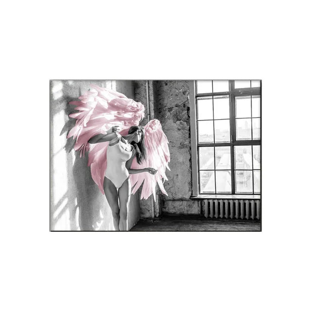 Pink Angel Wings Ballerina Wall Art Fine Art Canvas Print Black White Fashion Pictures For Living Room Bedroom Lounge Art Decor | Skanto