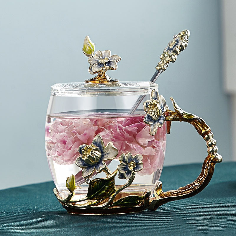 Skanto | Håndlagd emalje blomster glasskrus for par kjærlighetsgave kan servere kaffe, smaksatt te eller til og med sitronsaft i
