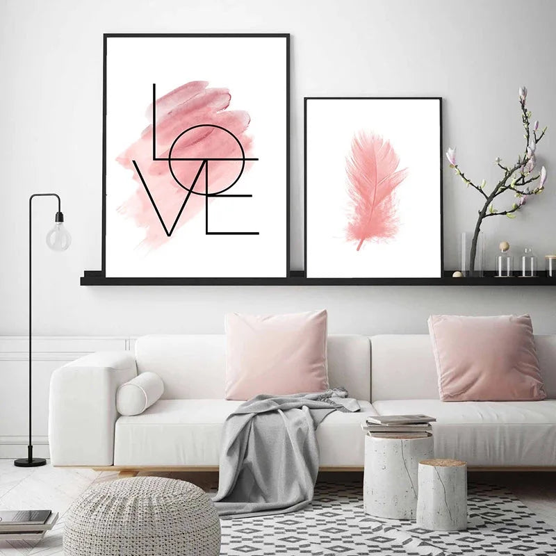 Blush Pink Love Feather Wall Art Fine Art Canvas Prints Minimalist Fashion Pictures For Living Room Girls Bedroom Fashion Art Decor | Skanto
