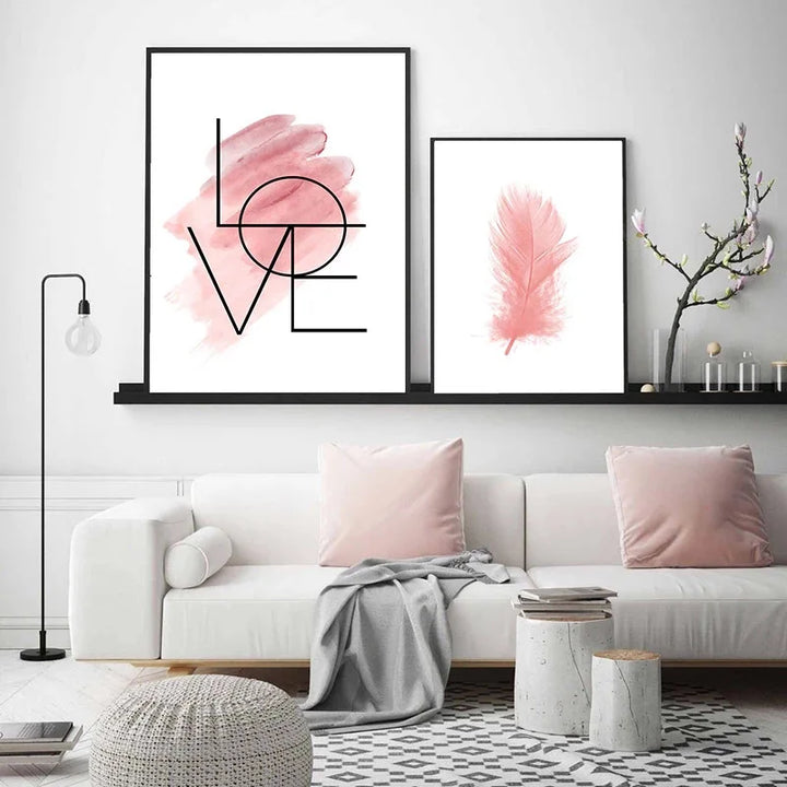 Blush Pink Love Feather Wall Art Fine Art Canvas Prints Minimalist Fashion Pictures For Living Room Girls Bedroom Fashion Art Decor | Skanto