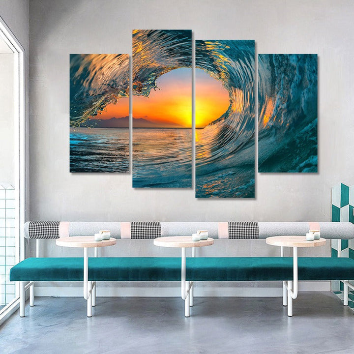 5-delt abstrakt solnedgang gjennom havbølge - lerret veggkunstmaleri | Skanto