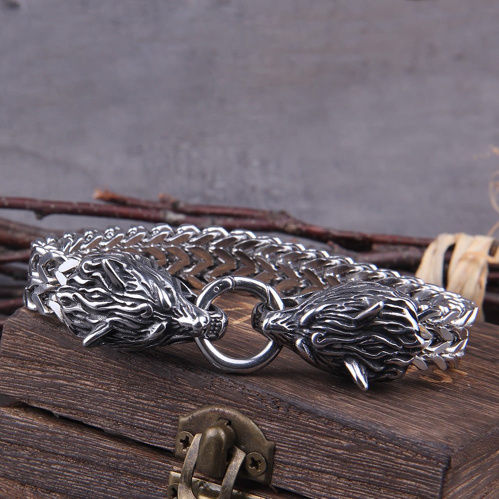Skanto | Sølv Viking Armbånd "WolfBand" – Håndlaget med Fenrir Motiv