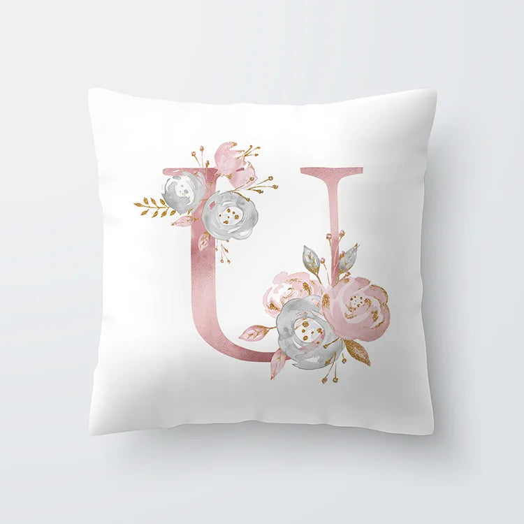 Pink Golden Floral Letter Pillowcase 45x45cm Pillow Cover for Living Room Sofa Throw Pillow Polyester Cotton Square Pillowcase | Skanto