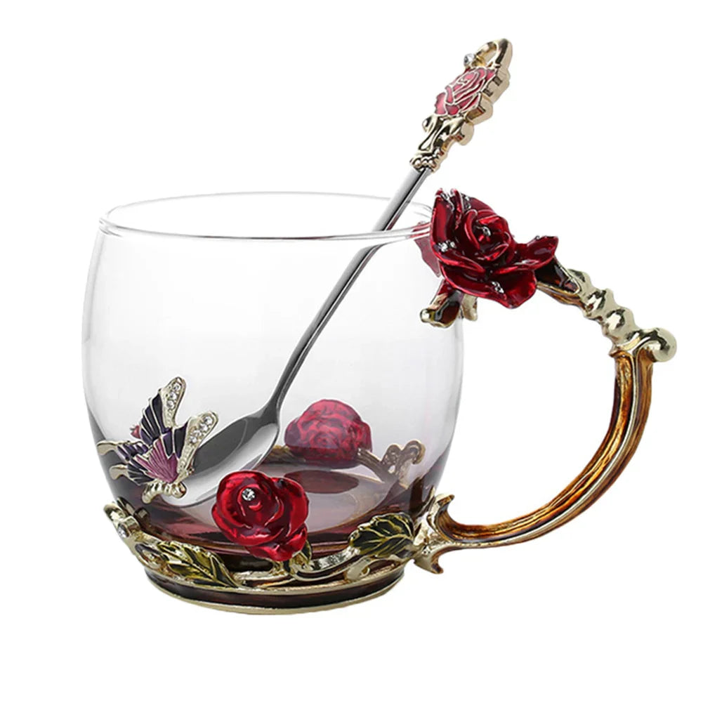 Skanto | Håndlagde emaljekopper Rose-Glass tekrus med stålskje Luksus unike gaver til bryllup, Valentinsdag, bursdagsgaver