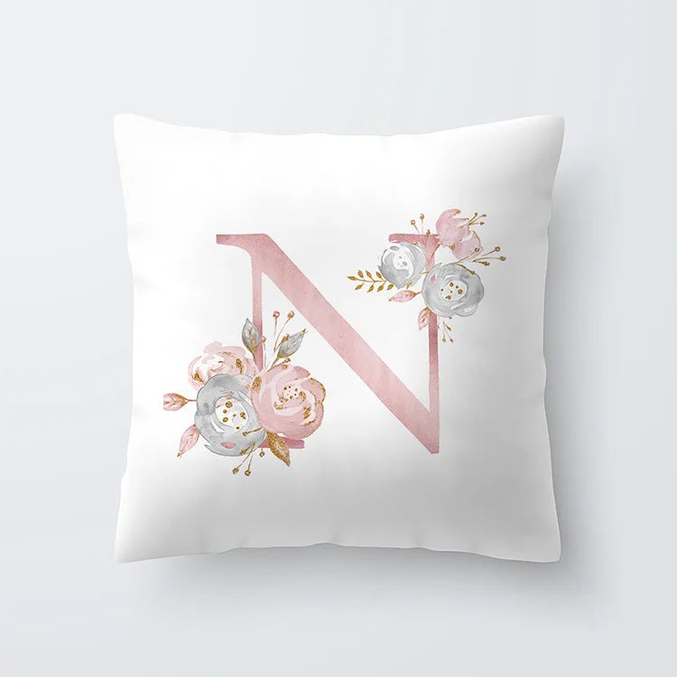 Pink Golden Floral Letter Pillowcase 45x45cm Pillow Cover for Living Room Sofa Throw Pillow Polyester Cotton Square Pillowcase | Skanto
