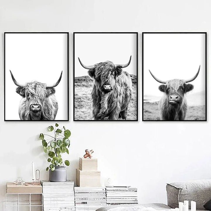 Hochlandrinder Schwarz Weiß Minimalistisk Veggkunst Fine Art Lærretstrykk Poster Bilder For Stue Spisestue Nordisk Interiør | Skanto