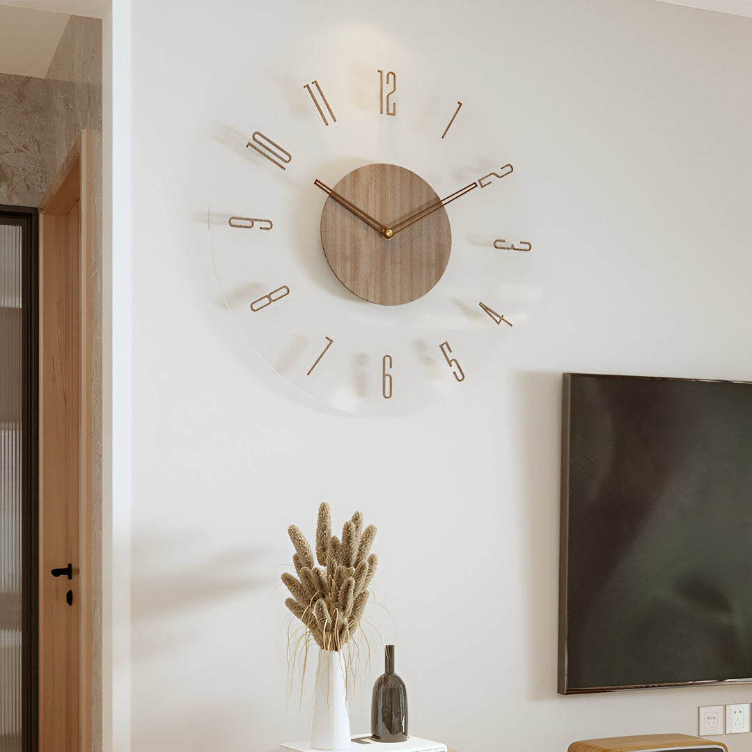 Transparente Wanduhr av ClearWood – gir Quarzwerk med Holzdetaljer