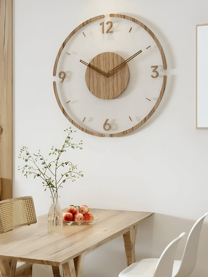 ClearWood Transparent Veggklokke – Stille Kvarts med Tre detaljer | Skanto