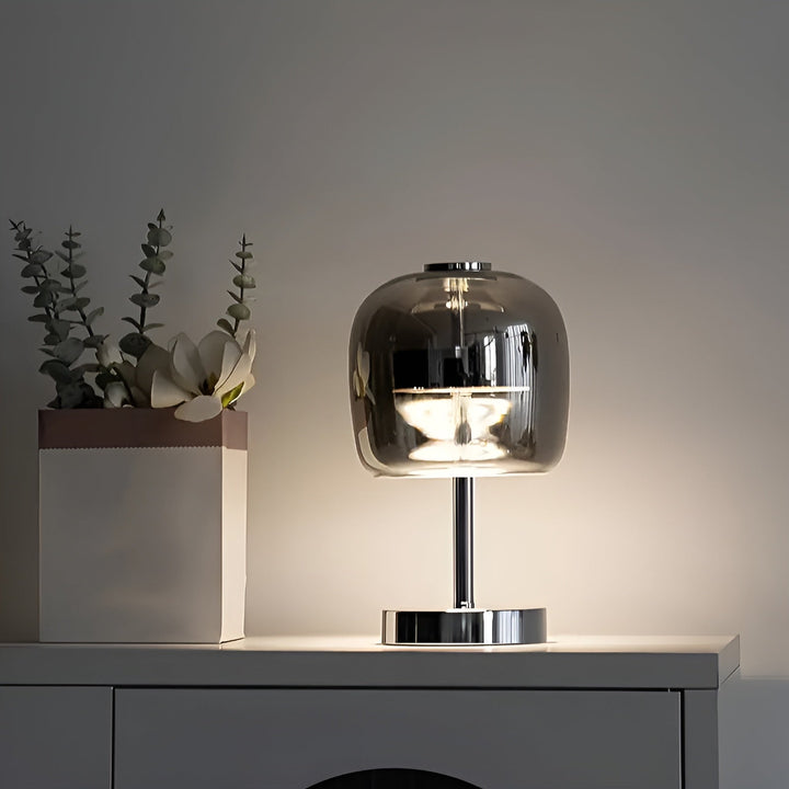 Skanto | Gleam Lampe - Stilren røykgrå glasslampe USB-drevet dimbar lys