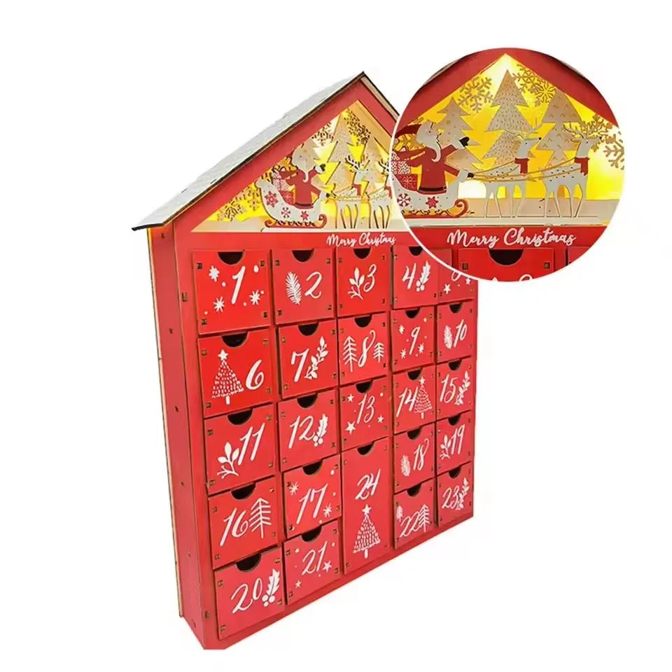 Skanto | Tre Adventskalender med 24 Oppbevaringsskuffer – Refillbar DIY Julekalender med Belysning, 30 x 6.3 x 39 cm