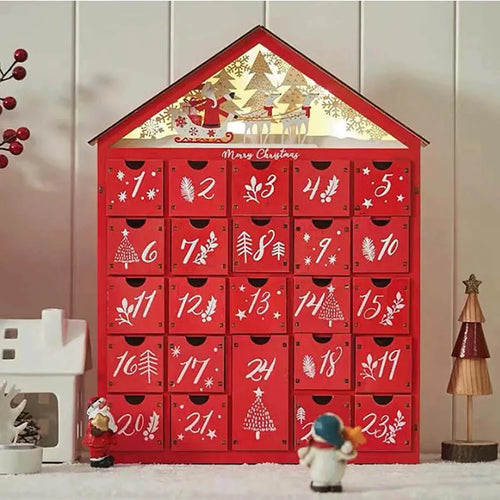 Skanto | Tre Adventskalender med 24 Oppbevaringsskuffer – Refillbar DIY Julekalender med Belysning, 30 x 6.3 x 39 cm