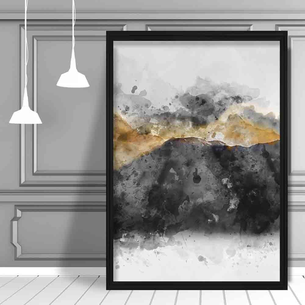 Svart og gult akvarell fjellkunsttrykk nr. 3