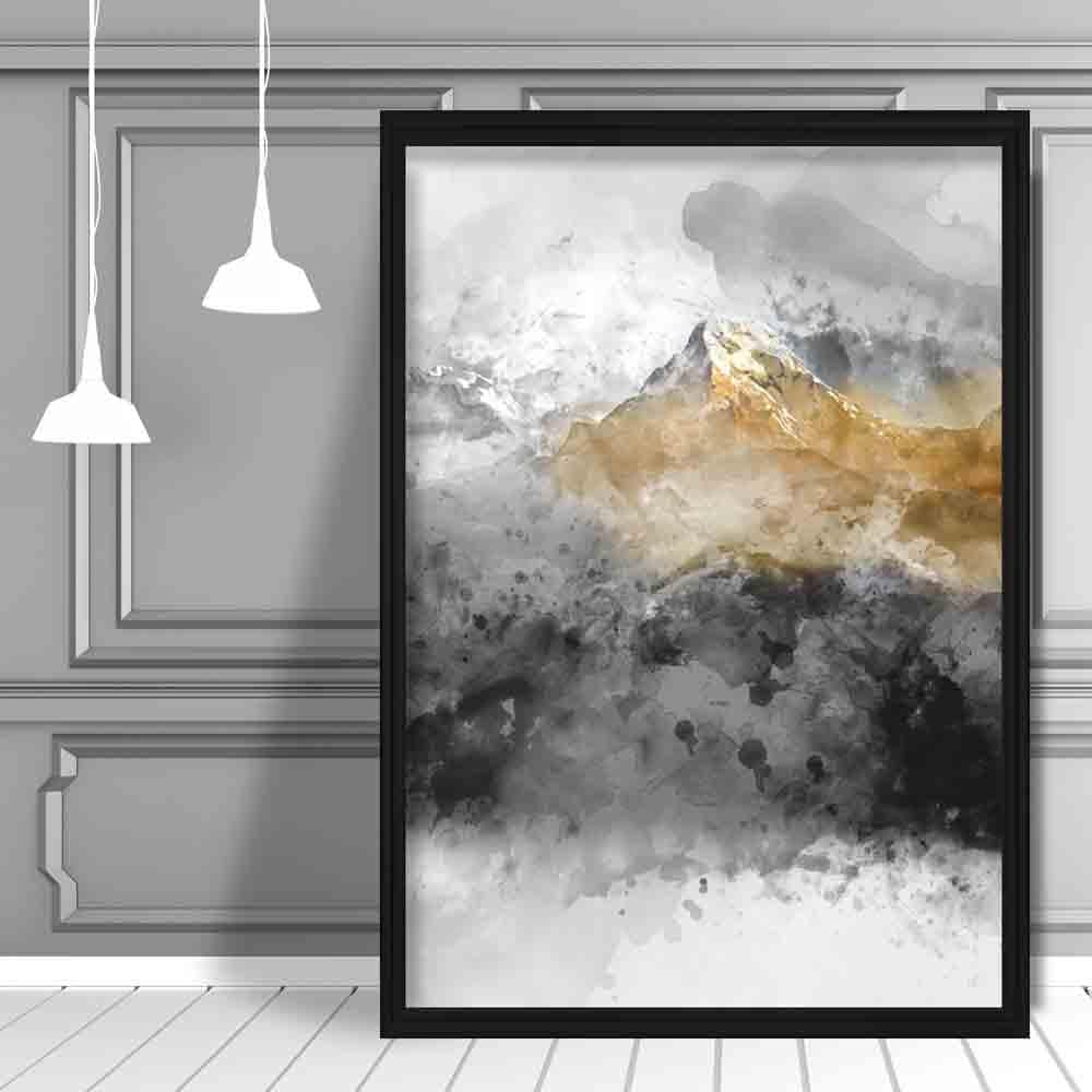 Svart og gult akvarell fjellkunsttrykk nr. 2
