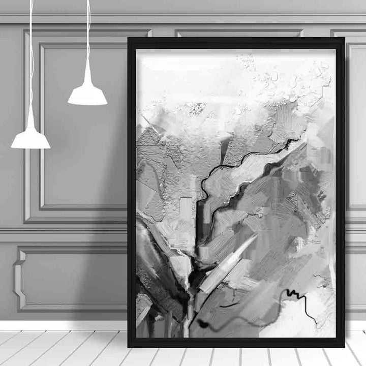 Abstrakt, teksturert maleri i svart og grått nr. 2 kunsttrykk