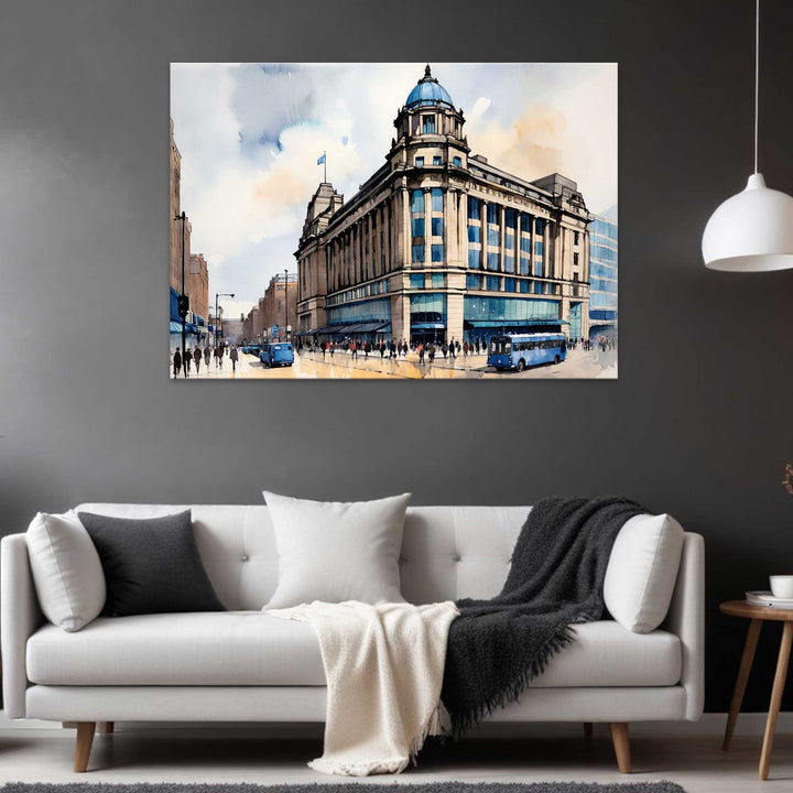 Abstrakt veggmaleri med den ikoniske Manchester City-bygningen i art deco-stil