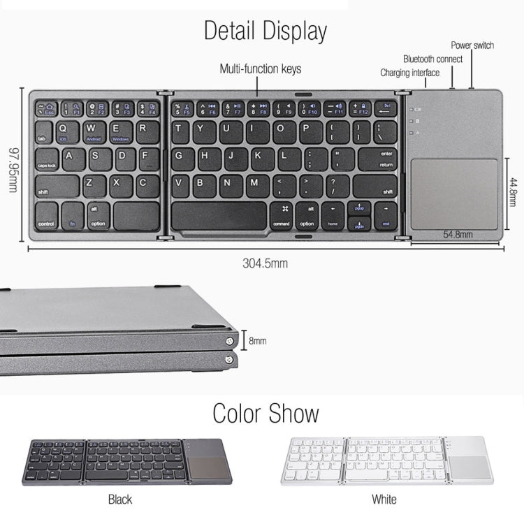Skanto | B033 Oppladbar 3-foldbar sammenleggbar 64-tasters Bluetooth trådløst tastatur med berøringsplate (Sølv)
