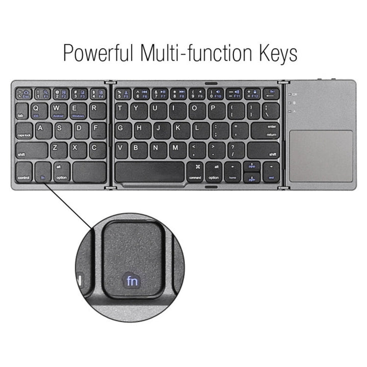 Skanto | B033 Oppladbar 3-foldbar sammenleggbar 64-tasters Bluetooth trådløst tastatur med berøringsplate (Sølv)