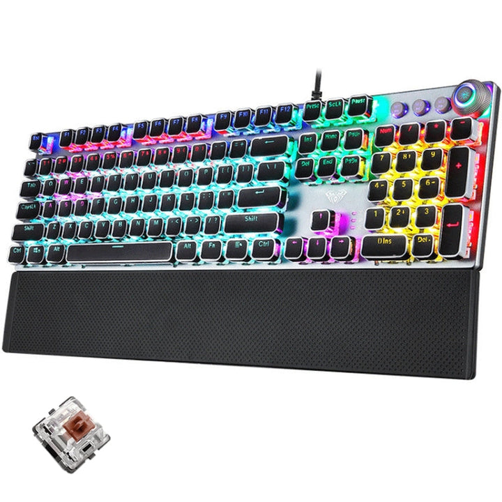 Skanto | AULA F2088 108 Taster Blandet Lysbelegg Punk Mekanisk Brun Bryter Kablet USB Gaming Tastatur med Metalltast (Sølv)
