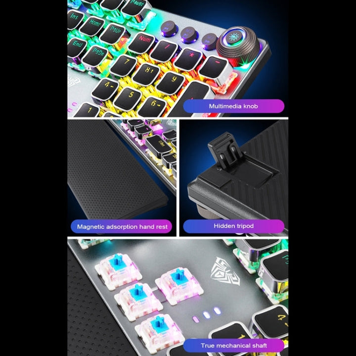 Skanto | AULA F2088 108 Taster Blandet Lysbelegg Punk Mekanisk Brun Bryter Kablet USB Gaming Tastatur med Metalltast (Sølv)