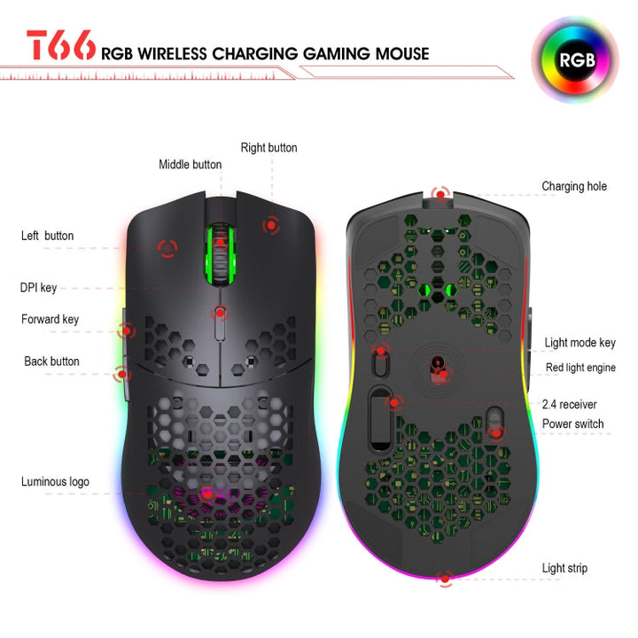 Skanto | HXSJ T66 7 Knapper Fargerik Belysning Programmerbar Gaming Trådløs Mus (Hvit)
