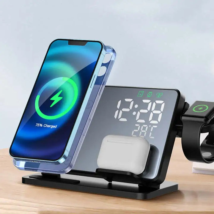 3-i-1 Hurtiglader | Premium Trådløs Hurtiglader Dockingstasjon med Vekkerklokke | for Apple iPhone, Watch og AirPods