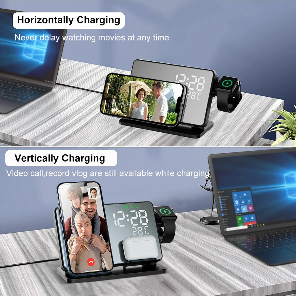 Norvo | 3-i-1 Hurtiglade Stasjon | Premium Trådløs Hurtiglading Docking Stasjon med Vekkerklokke | for Apple iPhone, Klokke & AirPods