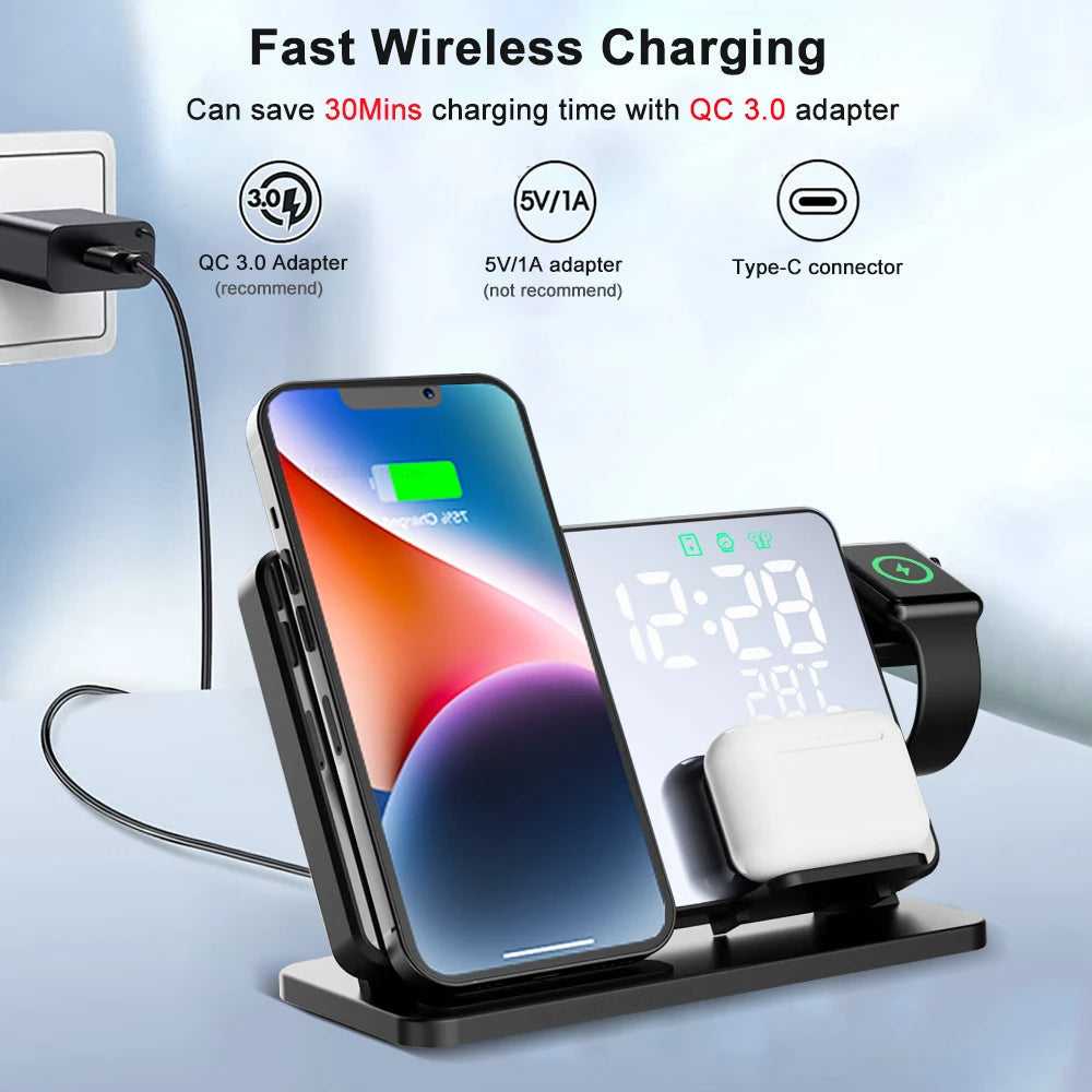 3-i-1 Hurtiglader | Premium Trådløs Hurtiglader Dockingstasjon med Vekkerklokke | for Apple iPhone, Watch og AirPods