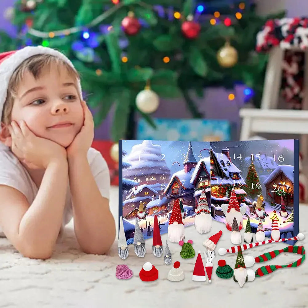 Skanto | Julegnome Adventskalender 2025 med 24 unike ornamenter og pusefigurer for barn –Festlig dekorasjon og nedtelling