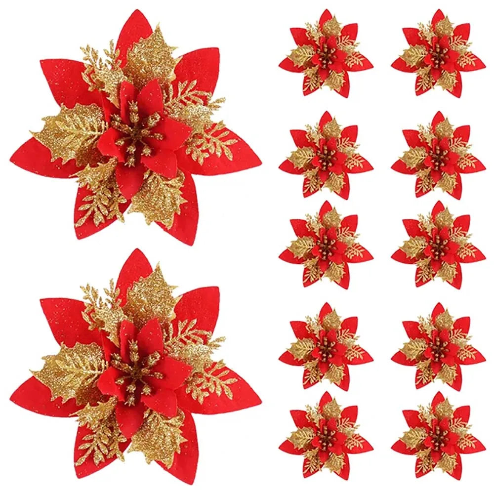 Skanto | Floréva Dekorative Juleblomster – Sett med 5 eller 10 Kunstblomster (14,5 cm) i Rosa, Rød & Gull for Festlig Dekorasjon