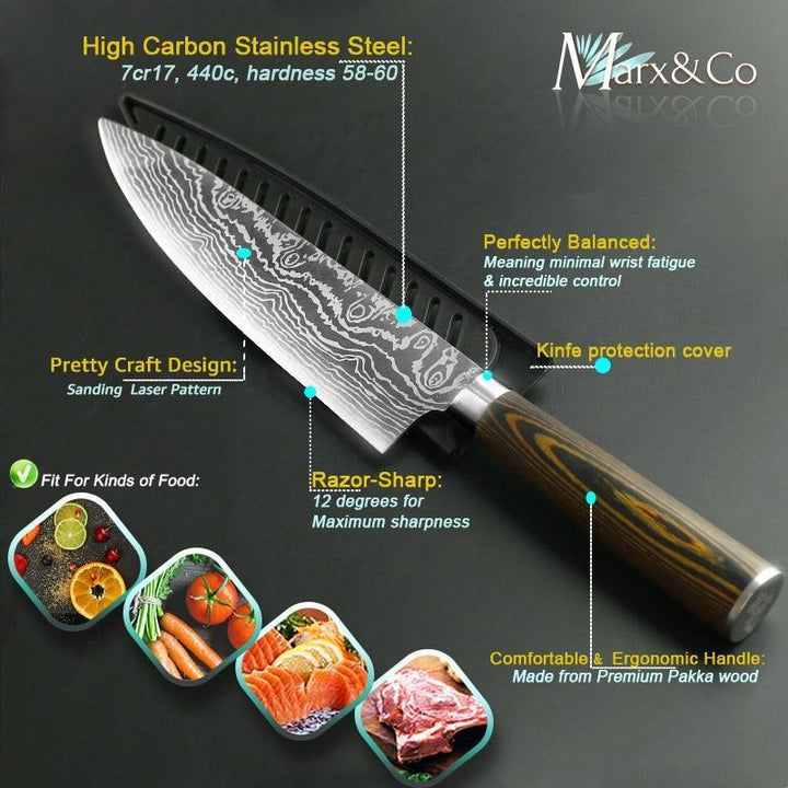 Skanto | Santoku japansk profesjonell kokkekniv 8 tommer høykarbon rustfritt stål
