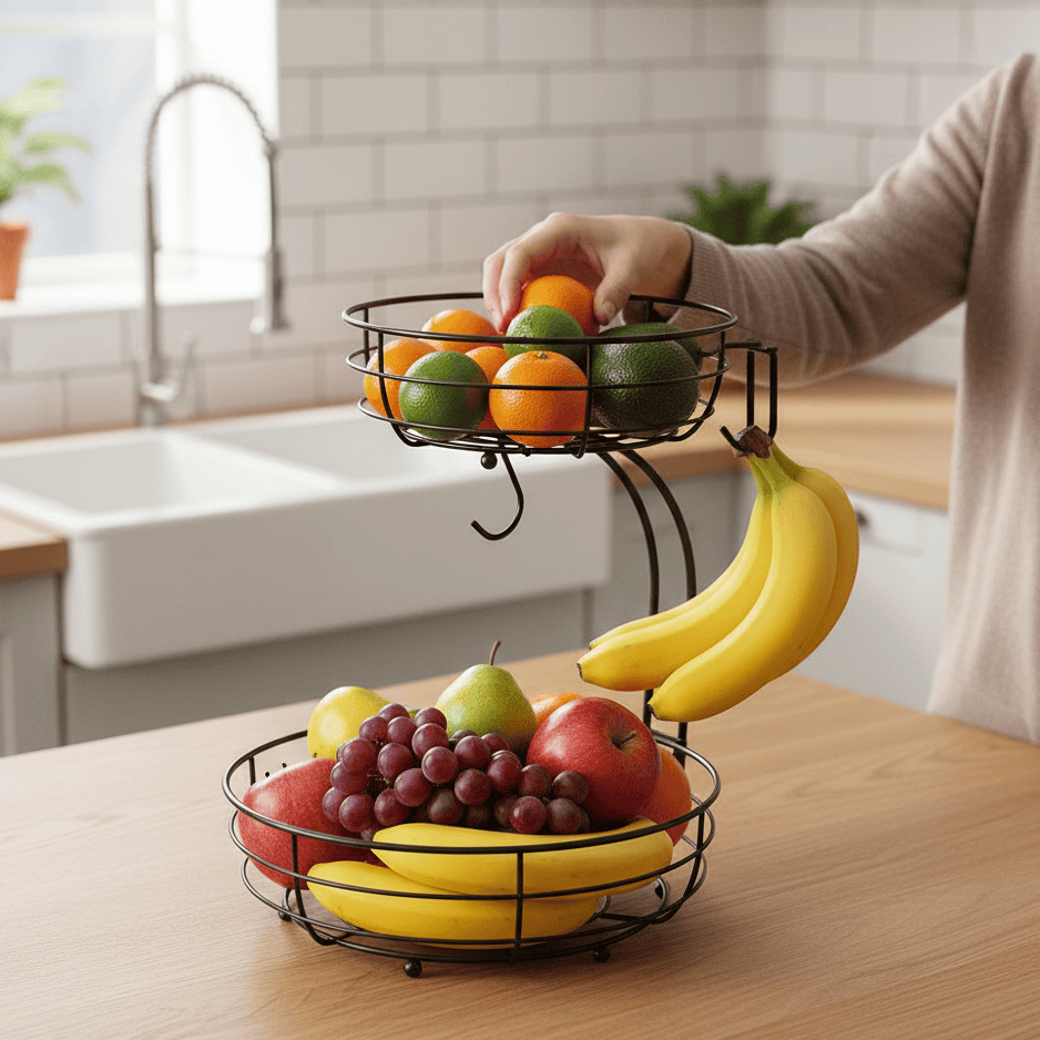 Skanto | 2-nivå fruktkurv med bananstativ for stilfull kjøkkenorganisering
