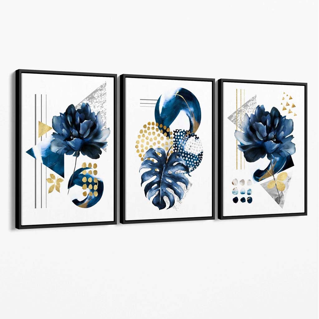 Abstrakte marineblå og gullfargede 3-delte blomstertrykk på lerret