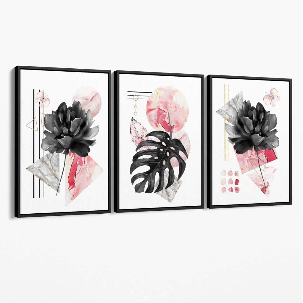 Abstrakt rosa og svart sett med 3 blomsterdekorerte lerretsbilder