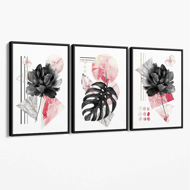 Abstrakt rosa og svart sett med 3 blomsterdekorerte lerretsbilder