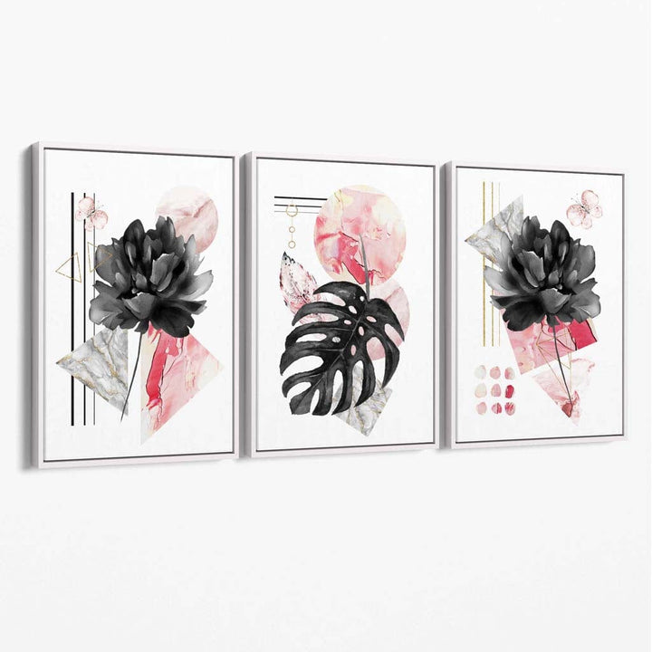 Abstrakt rosa og svart sett med 3 blomsterdekorerte lerretsbilder