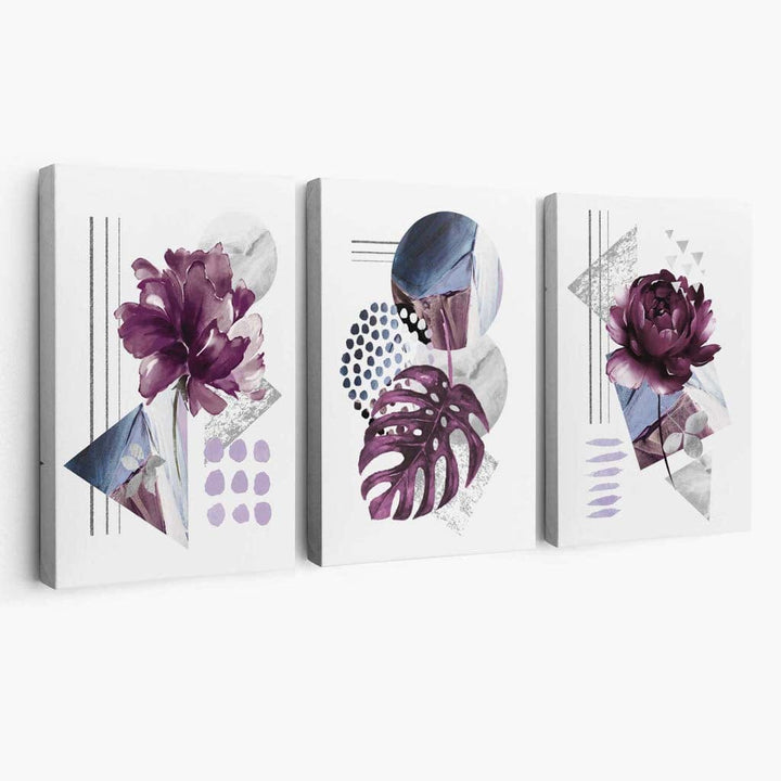 Abstrakt sett med 3 lerretsmalerier med lilla og sølvgrå blomster