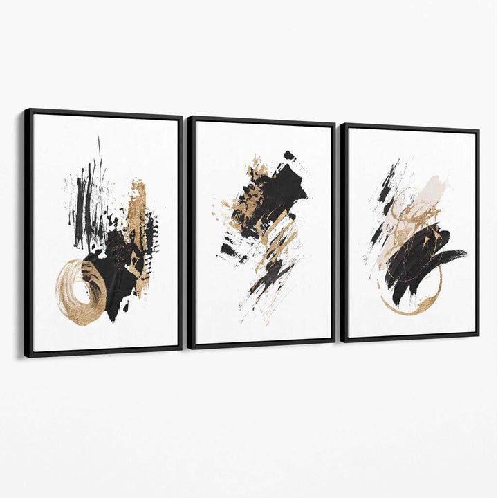 Abstrakt sett med 3 minimalistiske lerretsmalerier i svart og gull
