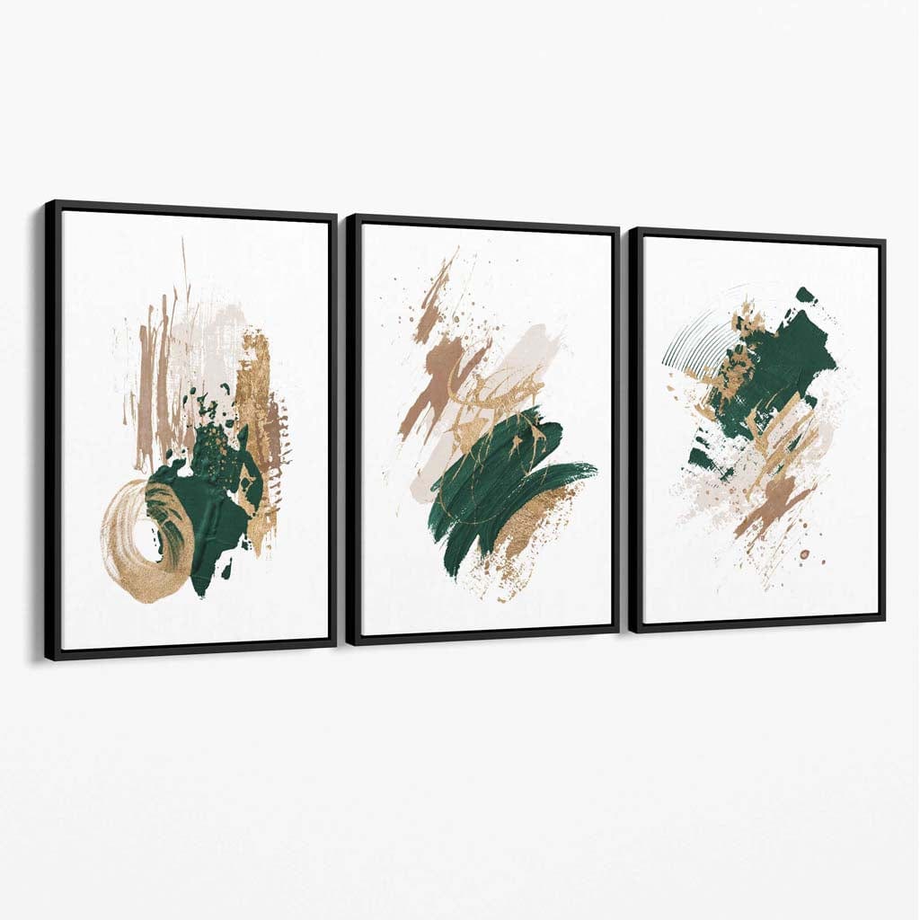Abstrakt, grønt og gull sett med 3 minimalistiske lerretsbilder