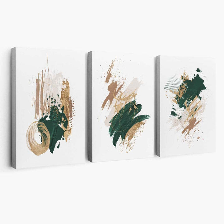 Abstrakt, grønt og gull sett med 3 minimalistiske lerretsbilder