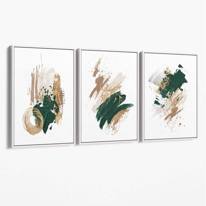 Abstrakt, grønt og gull sett med 3 minimalistiske lerretsbilder