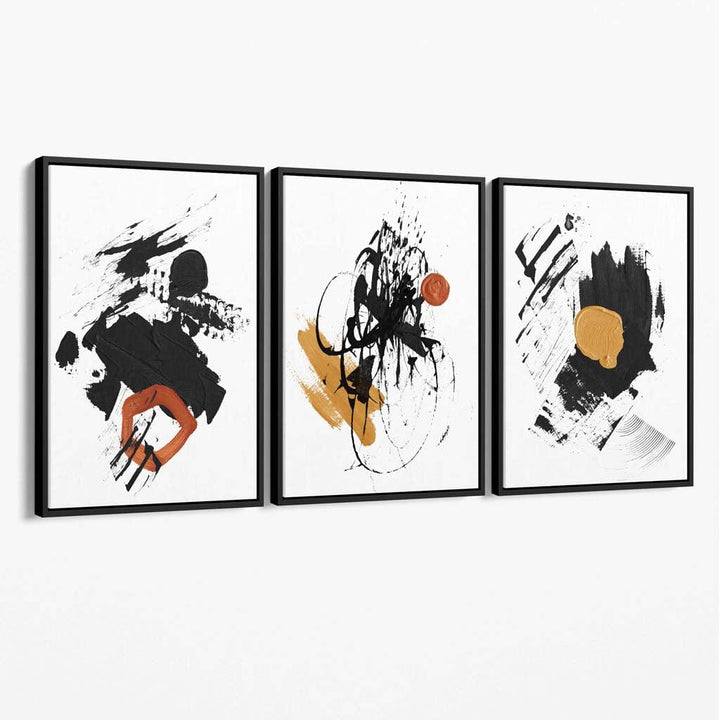 Abstrakt sett med 3 minimalistiske lerretsmalerier i svart, gult og oransje