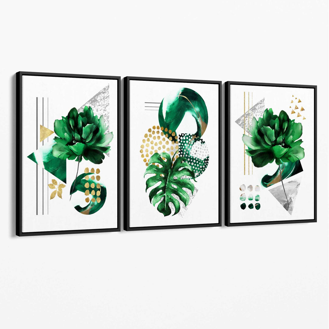 Abstrakt grønt og gullfarget blomstermotiv, sett med 3 lerret
